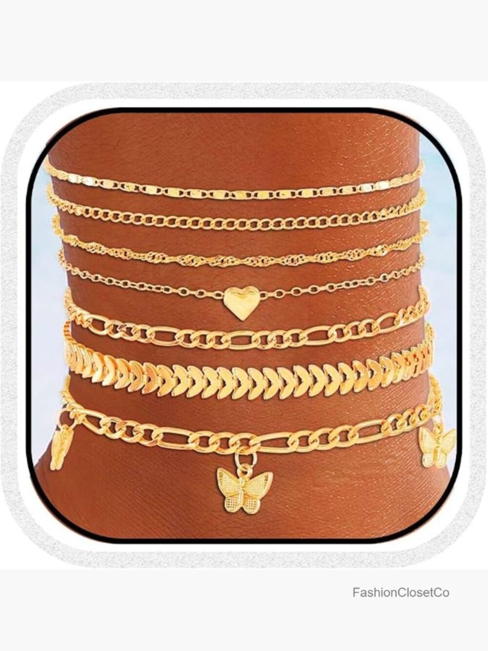 Gold Stackable Butterfly Anklet Bracelets Set Layered Foot Chain 7Pcs